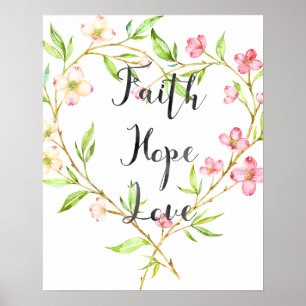 Geloof Hoop Liefde Roze Waterverf Bloemen Hart Poster