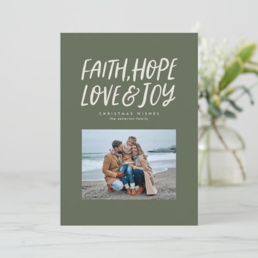 Geloof hoop liefde vreugde groene kerstfoto feestdagenkaart (Staand voorkant)