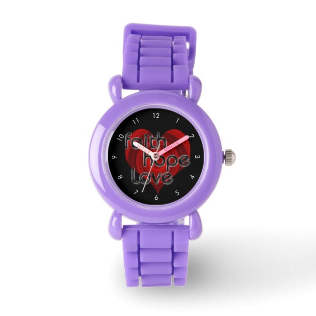 Geloof Hoop Liefde, Zwart/Rood Hart Horloge (Voorkant)