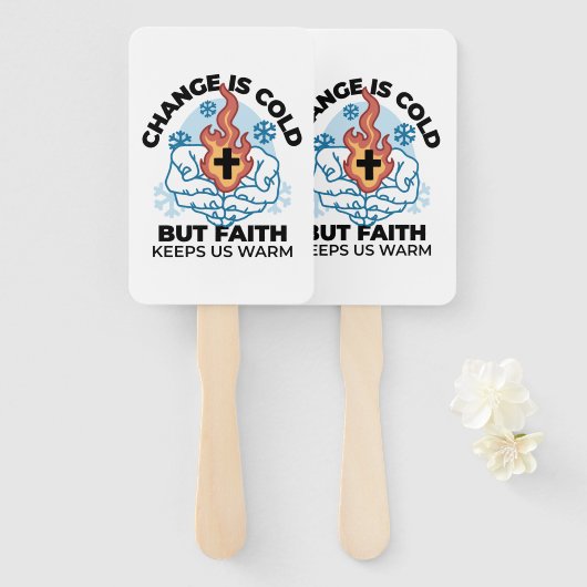 Geloof houdt ons warm - verheffend winterkunstwerk handwaaier (Voorkant en achterkant)