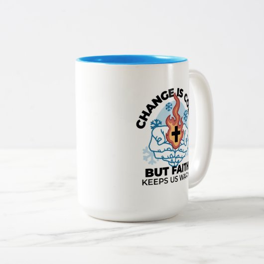 Geloof houdt ons warm - verheffend winterkunstwerk tweekleurige koffiemok (Voorkant rechts)