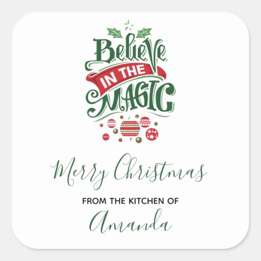 Geloof in de Magic Christmas Typography Kitchen Vierkante Sticker (Voorkant)