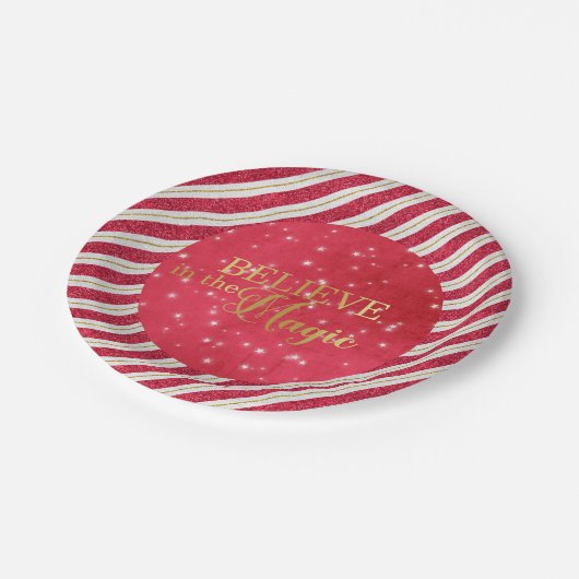 Geloof in de Magie Rood en Goud Glitter Strepen Papieren Bordje (Gekanteld)