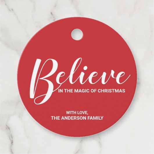 'Geloof in de magie van Kerstmis' Festive Red Bedankjes Labels (Voorkant)