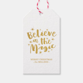 Geloof in de magische rustieke gouden kerst cadeaulabel