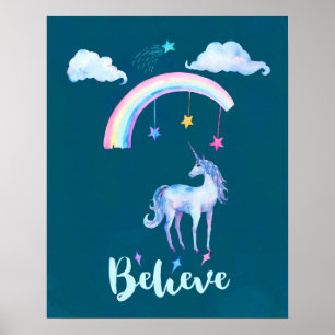 Geloof in een Unicorn onder een regenboog Poster