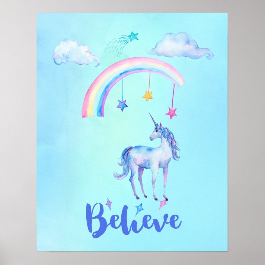 Geloof in een Unicorn onder een regenboog Poster (Voorkant)