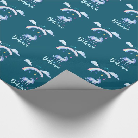 Geloof in een Waterverf Unicorn onder een regenboo Cadeaupapier (Hoek)