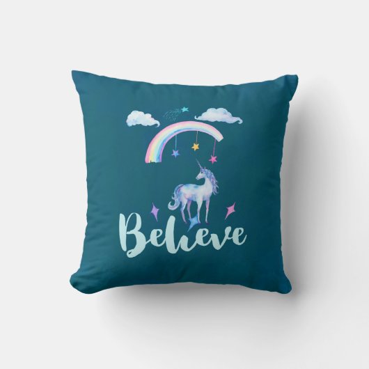 Geloof in een Waterverf Unicorn onder een regenboo Kussen (Voorkant)