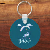 Geloof in een Waterverf Unicorn onder een regenboo Sleutelhanger (Voorkant)