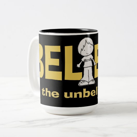 Geloof in het ongelooflijke tweekleurige koffiemok (Voorkant links)