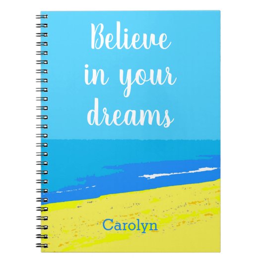 Geloof in je dromen, tropisch strand, jouw naam notitieboek (Voorkant)