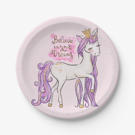 "Geloof in je dromen" Unicorn Girls Birthday 7" Papieren Bordje (Voorkant)