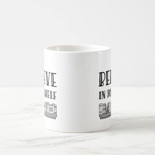 Geloof in je plank koffiemok (Center)