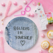 Geloof in jezelf Blue Denim Motivatie Papieren Bordje (Feest)