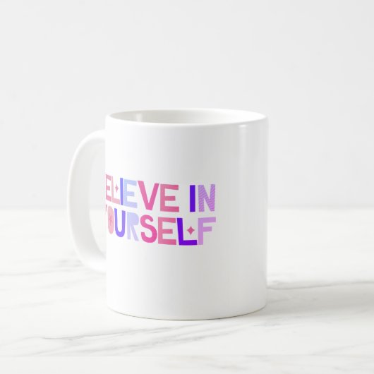 Geloof in jezelf kleurrijke tekst motivatie koffiemok (Voorkant links)