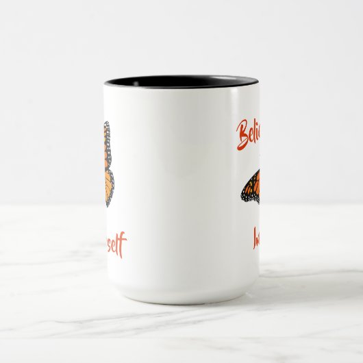 "Geloof in jezelf" Oranje monboogvlinder Mok (Midden)