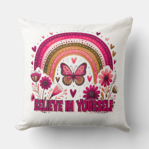 Geloof in jezelf Rainbow Butterfly Flowers Boho Kussen