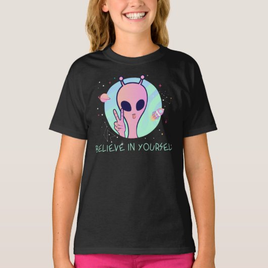 Geloof in jezelf Roze Alien Kinder Shirt (Voorkant)