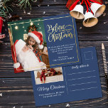 Geloof in Kerstmagie 2 familiefoto's blauw Folie Feestdagen Briefkaart<br><div class="desc">Een modern briefkaart met een van uw favoriete kerstfamilieportretten aan de linkerkant, aangevuld met een echt gouden folie lijst en tekst met de tekst "Geloof in de magie van Kerstmis" aan de rechterkant over een klassieke blauwe achtergrond, aanpasbaar met uw eigen begroetingsboodschap. De achterkant van het briefkaart is aanpasbaar met...</div>