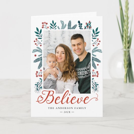 Geloof in Kerstmis Hulst en Pijnboom Bessen Foto Feestdagen Kaart (Voorkant)