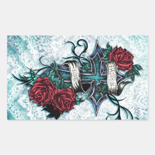Geloof in Liefde Rozen en cross art op blauwe basi Rechthoekige Sticker (Voorkant)