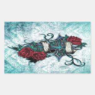 Geloof in Liefde Rozen en cross art op blauwe basi Rechthoekige Sticker