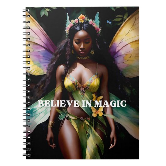 Geloof in Magic Black Fairy Meisje Waterverf Kunst Notitieboek (Voorkant)