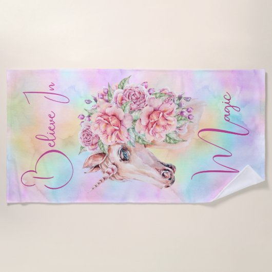 Geloof in Magic Floral Unicorn Strandlaken (Voorkant)