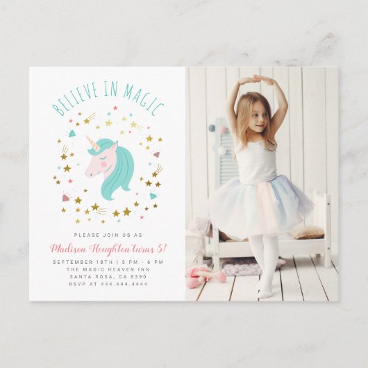 Geloof in Magic Gold Stars Unicorn Foto van afgelo Uitnodiging Briefkaart (Voorkant)