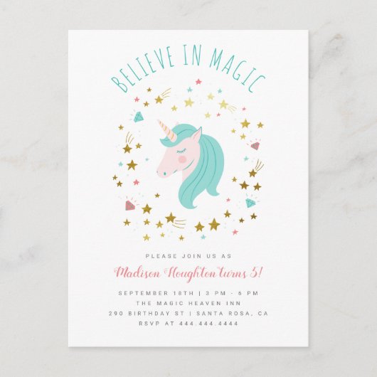 Geloof in Magic Gold Stars Unicorn Girl Birthday Uitnodiging Briefkaart (Voorkant)