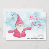 Geloof in Magic Pink Gnome Snowy Blue Christmas Feestdagenkaart (Voorkant)