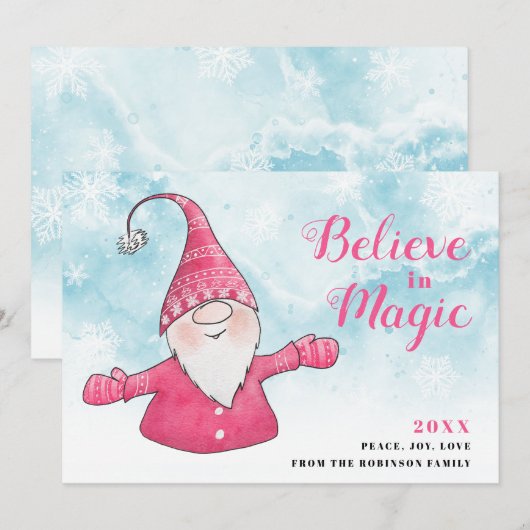 Geloof in Magic Pink Gnome Snowy Blue Christmas Feestdagenkaart (Voorkant / Achterkant)