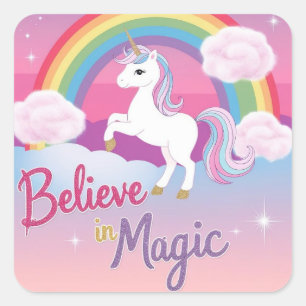 Geloof in magie met eenhoorn en regenboog vierkante sticker