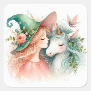 Geloof in Magische Watercolor Heks Eenhoorn Dromen Vierkante Sticker