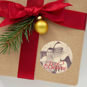 Geloof in Red Script Santa Holiday Photo Ronde Sticker