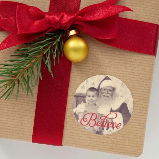 Geloof in Red Script Santa Holiday Photo Ronde Sticker