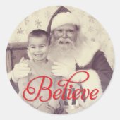 Geloof in Red Script Santa Holiday Photo Ronde Sticker (Voorkant)