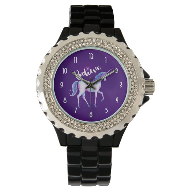 Geloof in unicorn in pasta Waterverven Horloge (Voorkant)