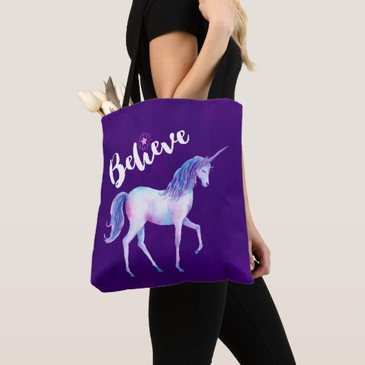 Geloof in unicorn in pasta Waterverven Tote Bag (Dichtbij)