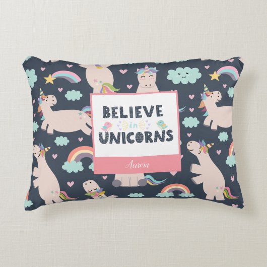 Geloof in Unicorns Blue en Pink Girl Pattern Kind Accent Kussen (Voorkant)