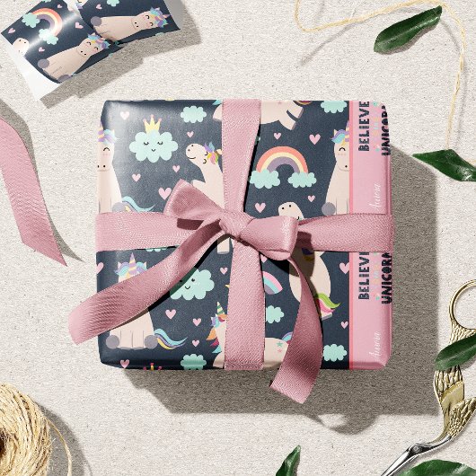 Geloof in Unicorns Blue en Pink Girl Pattern Kind Cadeaupapier