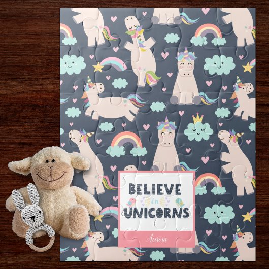 Geloof in Unicorns Blue en Pink Girl Pattern Kind Legpuzzel