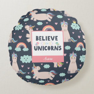 Geloof in Unicorns Blue en Pink Girl Pattern Kind Rond Kussen