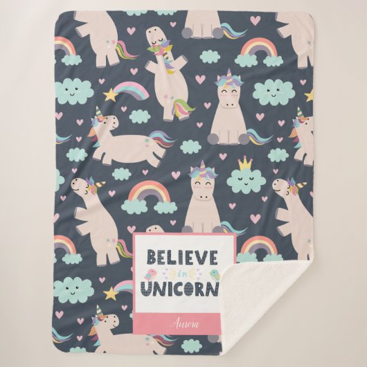 Geloof in Unicorns Blue en Pink Girl Pattern Kind Sherpa Deken (Voorkant)