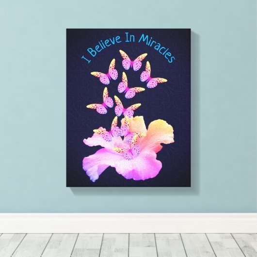 Geloof in wonderen Hibiscus flower Butterflies Canvas Afdruk (Insitu (Houten vloer))