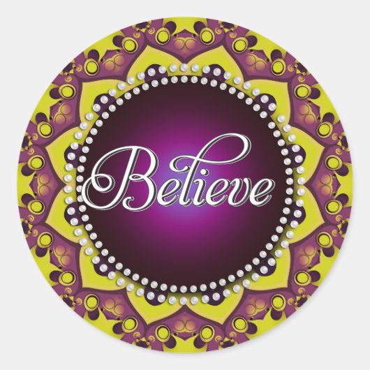 Geloof : Inspireren : Paarse gele Mandala Cirkel Ronde Sticker (Voorkant)