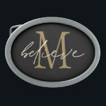 Geloof Inspirerend Black Gold Monogram Initiaal Gesp<br><div class="desc">Geloof het zwarte goudmonogram-Initiaal voor de positiviteit. Een bemoedigend woord in een elegant handgeschreven stijlmanuscript,  dat op uw initiaal in goud op een zwarte achtergrond wordt bekleed.</div>