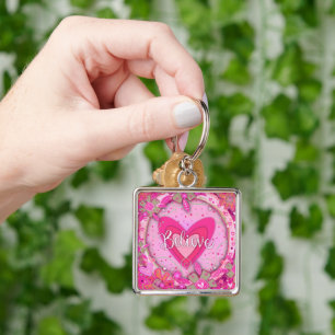 Geloof Inspirerend Hart Bloemen  Roze Sleutelhanger