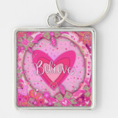 Geloof Inspirerend Hart Bloemen  Roze Sleutelhanger (Voorkant)